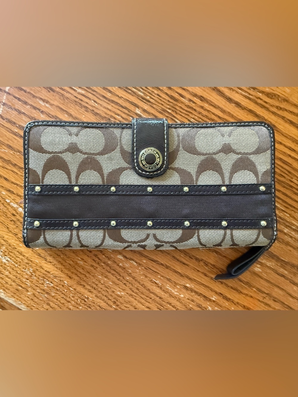Coach Signature Striped Studded Accordion Zip Wallet